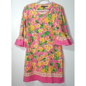 Barbara Erickson Medium Pineapple Flutter Sleeve Round Neck Knit Dress Stretch